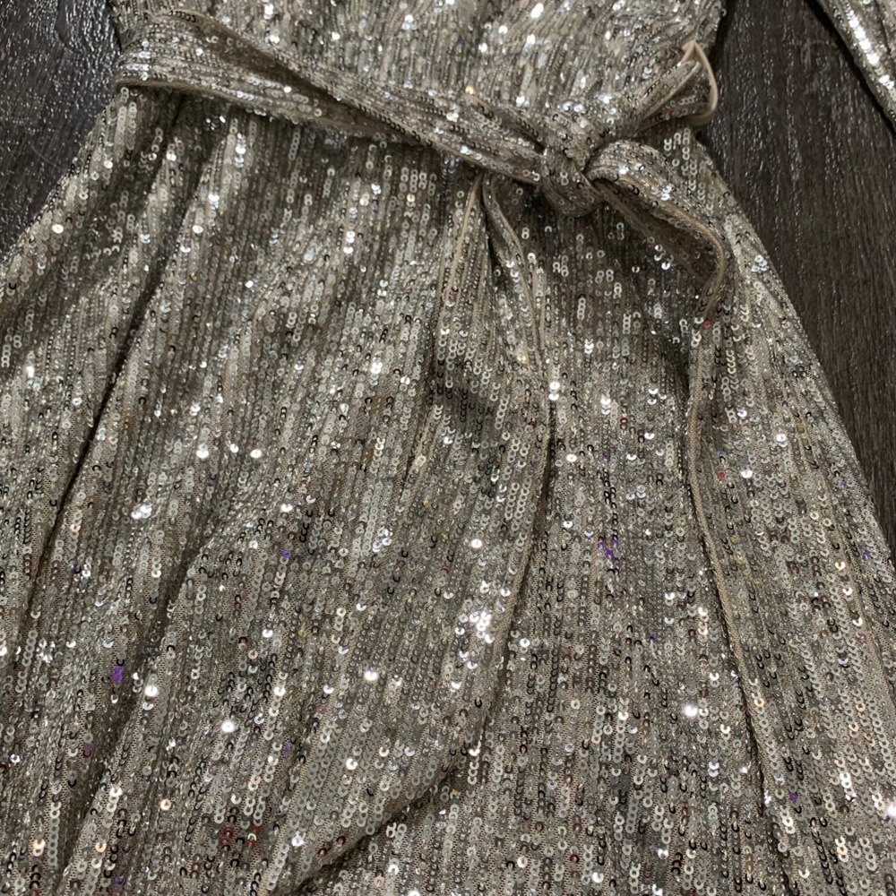 Dress the Population Silver Sequin V Neck Long Sleeve Wrap Midi Dress - Picture 2 of 5